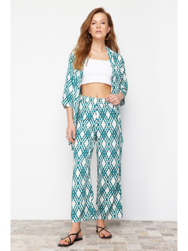 Trendyol Green Printed Comfort Cut Flexible Kimono Knitted Two Piece Set