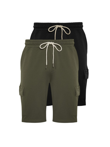 Trendyol Basic Black-Khaki 2 Pack Regular Cut Cargo Pocket Drawstring Elastic Waist Shorts