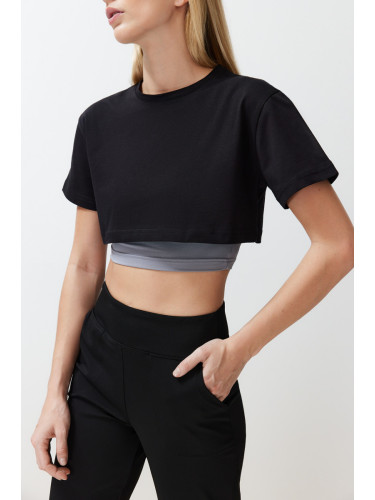 Trendyol Black Gray Melange 2-Layer Reflector Print Detailed Crop Knitted Sports T-Shirt