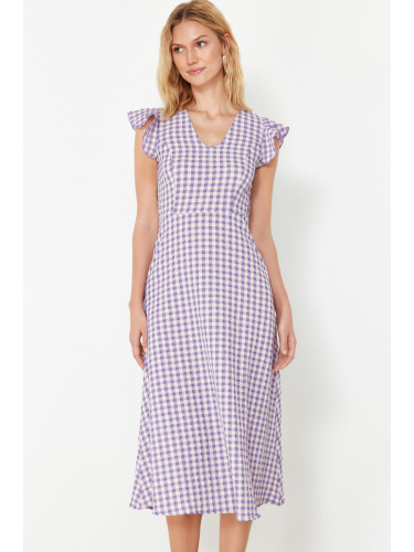 Trendyol Lilac Checked A-Line Gipe Detailed Midi Woven Dress