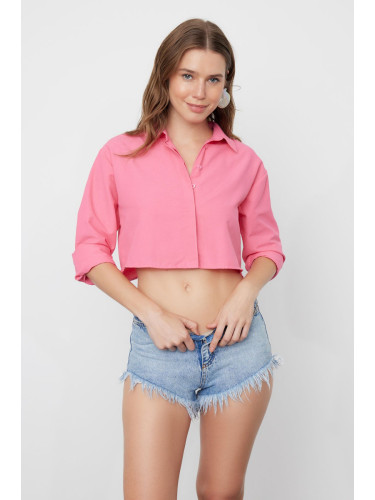 Trendyol Pink Crop Woven Backless Linen Look Shirt