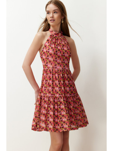Trendyol Multicolored Special Textured Abstract Printed Stretchy Knitted Mini Dress with Ruffles Skirt