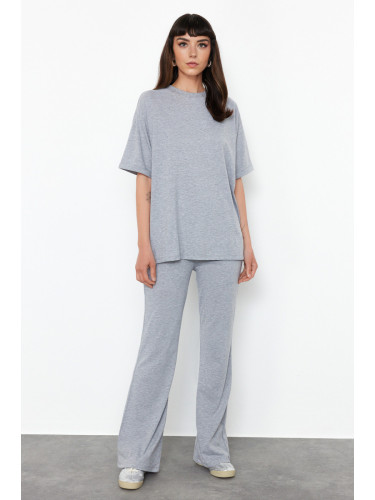 Trendyol Gray 100% Cotton Oversize Pattern Spanish Leg Knitted Bottom-Top Set
