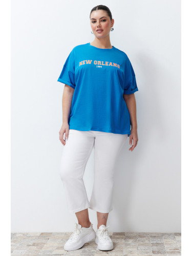 Trendyol Curve Blue Printed Oversize Knitted T-shirt