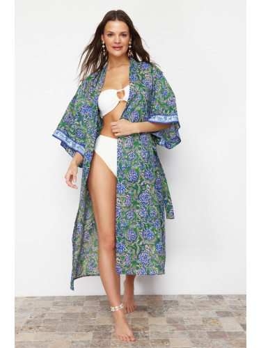 Trendyol Kimono & Kaftan with Floral Pattern Belted Maxi Woven Ribbon Accessory