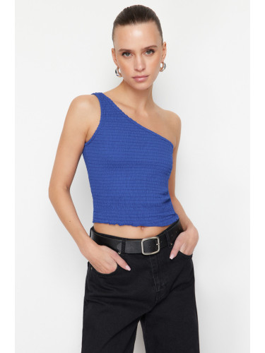 Trendyol Sax Cotton One-Shoulder Gimped Stretchy Fitted Knitted Blouse