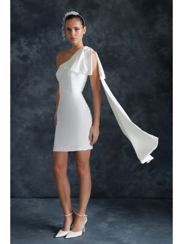 Trendyol Bridal White Pearl Detailed Bow Wedding/Wedding Elegant Evening Dress