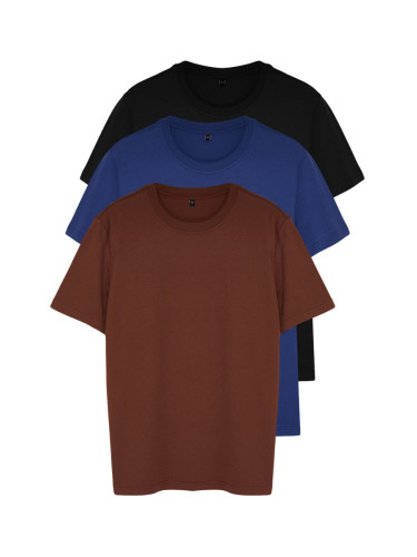 Trendyol Black-Brown-Navy Blue Basic Slim 100% Cotton 3 Pack Short Sleeve T-Shirts