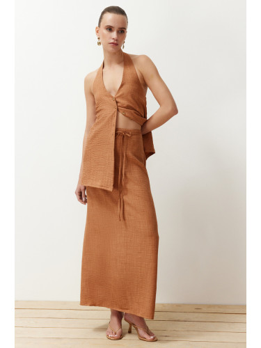 Trendyol Camel Lacing Belt Detailed Linen Look Maxi Woven Skirt