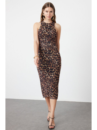Trendyol Brown Multicolored Animal Patterned Leopard Knitted Tulle Elegant Evening Dress