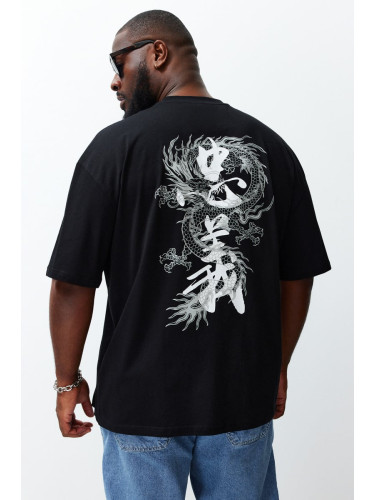 Trendyol Plus Size Black Oversize/Wide-Fit Oriental 100% Cotton T-shirt