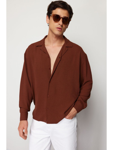 Trendyol Brown Oversize Fit Open Collar Summer Linen Look Shirt