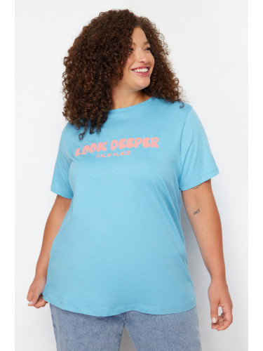 Trendyol Curve Blue Slogan Printed Boyfriend Knitted T-shirt