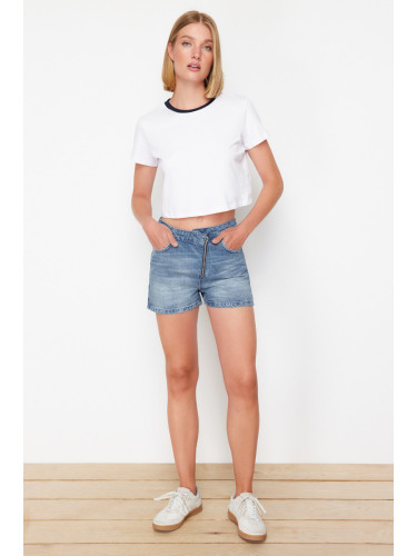 Trendyol Blue Waist Detailed High Waist Denim Shorts