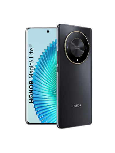 Смартфон Honor Magic6 Lite (черен), поддържа 2 SIM карти, 6.78" (17.22cm) AMOLED 120Hz дисплей, осемядрен Snapdragon 6 Gen 1 4x2.2GHz & 4x1.8GHz, 8GB RAM, 256GB Flash памет, 108 + 5 + 2 + 16 Mpix камери, Android, 185g