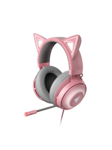 Слушалки Razer Kraken Kitty Edition - Quartz (RZ04-02980200-R3M1), микрофон, USB, гейминг, подсветка, охлаждащ гел, активна шумоизолация, розови