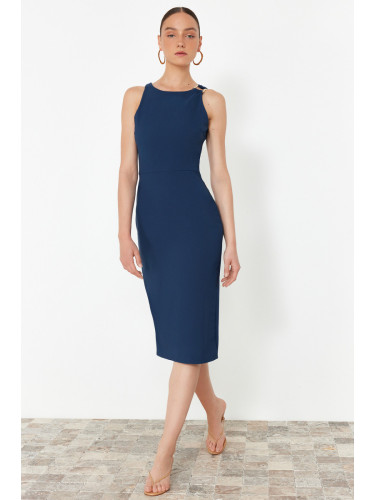 Trendyol Petrol Fitted Midi Pencil Skirt with Accessory Detail on the Collar Woven Dress