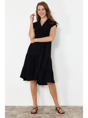 Trendyol Black Plain Wide Cut V-Neck Skirt Flounced Aerobin Woven Dress Woven Dress