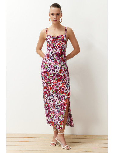 Trendyol Pink Floral A-line Viscose Strap Midi Woven Dress