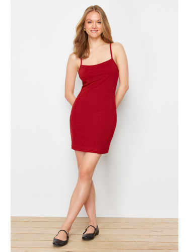 Trendyol Red Strap Square Neck Bodycone/Fitting Stretchy Knitted Mini Pencil Dress