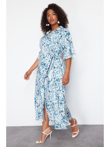 Trendyol Curve White-Blue Shally Woven Plus Size Dress