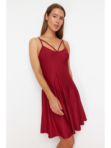 Trendyol Claret Red Chest Piping Detailed Rope Strap Viscose Knitted Nightgown