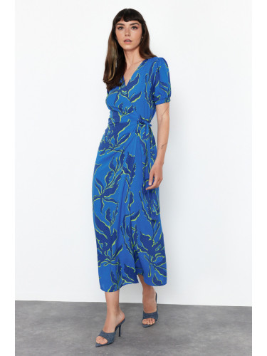 Trendyol Blue Floral Print Double-breasted Viscose Midi Woven Dress
