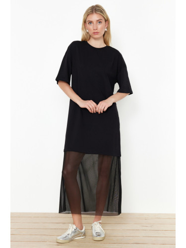 Trendyol Black Relaxed/Casual Fit Tulle Detailed Knitted Maxi Dress