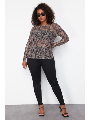 Trendyol Curve Multicolored Paisley Patterned Fitted High Collar Tulle Stretchy Knitted Blouse
