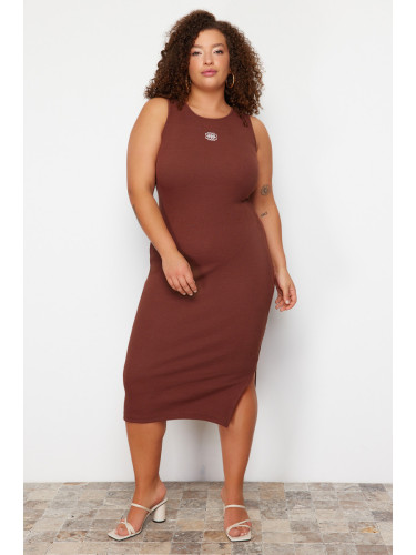 Trendyol Curve Brown Embroidery Detailed Camisole Midi Knitted Plus Size