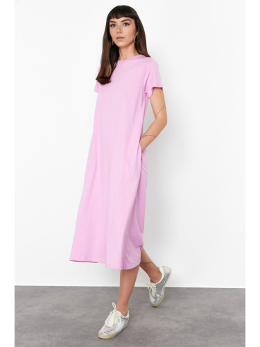 Trendyol Pink Plain Pocket Crew Neck A-Line Knitted Dress