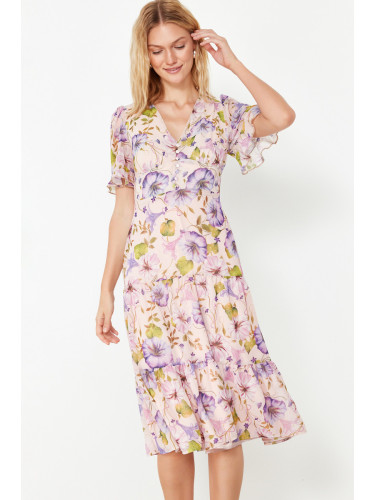 Trendyol Pink Floral Print A-Cut Flounced Midi Lined Chiffon Woven Dress