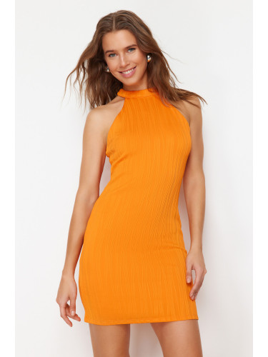 Trendyol Orange Textured Barbell Collar Bodycone/Body Wrap Knitted Mini Pencil Dress