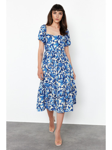 Trendyol Blue Floral Viscose Waist Opening Midi Woven Dress