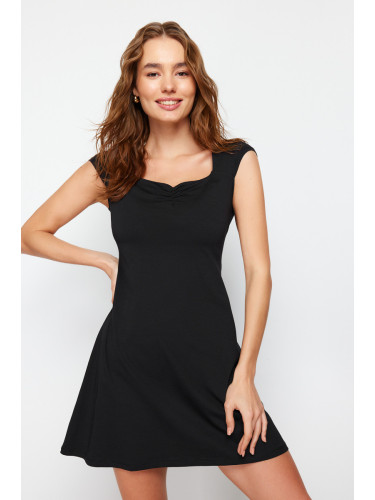 Trendyol Black Gathered Detail A-Line/A-Line Formal Short Sleeve Elastic Knitted Mini Dress