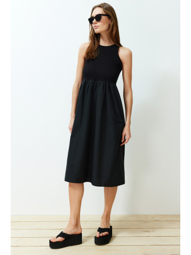 Trendyol Black Waist Open Fabric Mixed Midi Woven Dress