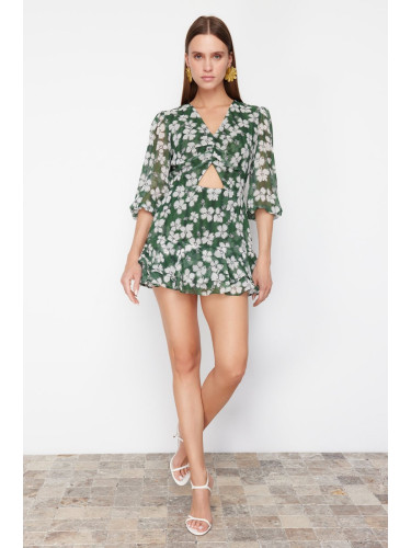 Trendyol Green Floral Patterned Cut Out Detailed Mini Lined Chiffon Woven Jumpsuit