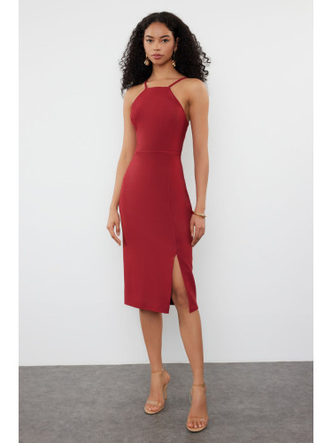 Trendyol Burgundy Bodycon Slit Halter Neck Midi Pencil Skirt Woven Dress