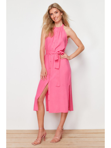 Trendyol Fuchsia Belted Prevailing Collar Midi Woven Shirt Dress