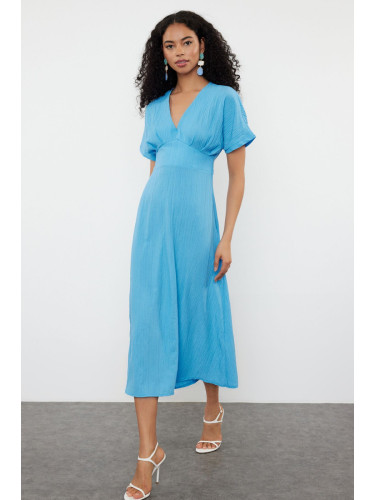 Trendyol Light Blue A-Line Bodice Detailed V-Neck Maxi Woven Dress