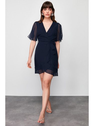 Trendyol Navy Blue Double Breasted Skirt Ruffle Detailed Chiffon Lined Mini Woven Dress