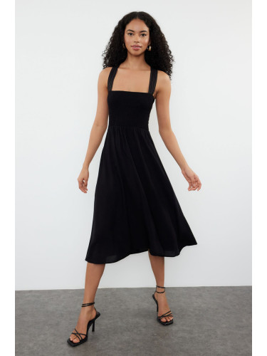 Trendyol Black A-line Strap Stitching Detail Vicone Midi Woven Dress