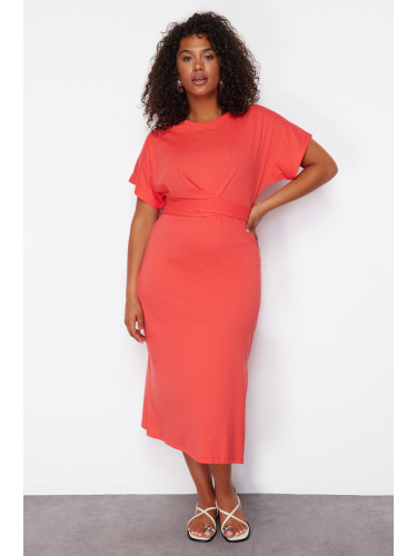 Trendyol Curve Red Straight Cut Tie Detailed Slit Maxi/Long 100% Cotton Knitted Dress