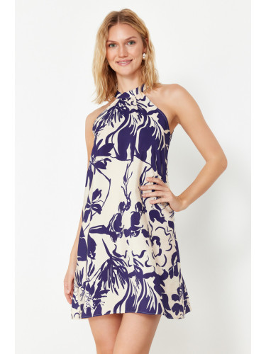 Trendyol Blue Belted Floral Print A-line Halter Neck Mini Woven Dress