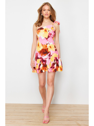 Trendyol Multi-Color Printed Skirt Ruffle One-Shoulder Wrap/Textured Knitted Mini Dress