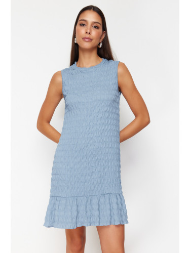Trendyol Indigo Textured Skirt Ruffled Sleeveless Flexible Knitted Mini Dress
