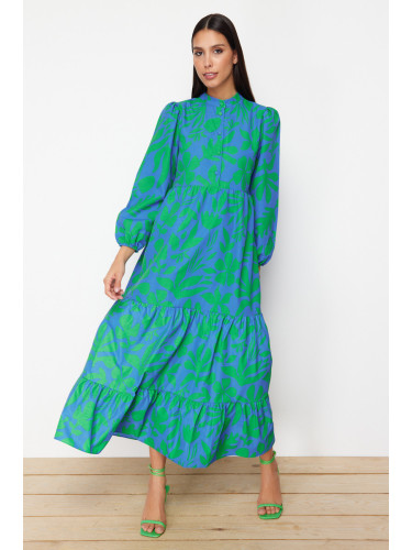 Trendyol Blue Patterned Half Placket Wide Fit Cotton Woven Dress