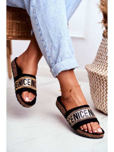 EVENTO Чехли на коркова подметка с кубичен цирконий черно-златисто Be Nice