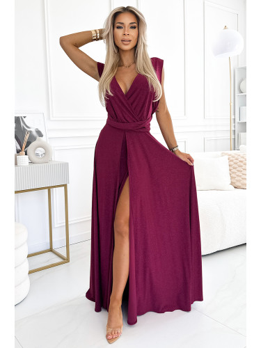 509-3 Elegant long dress tied in many ways - burgundy with glitter