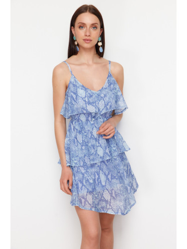 Trendyol Blue Printed Tulle Skirt Ruffled Strap Knitted Mini Dress